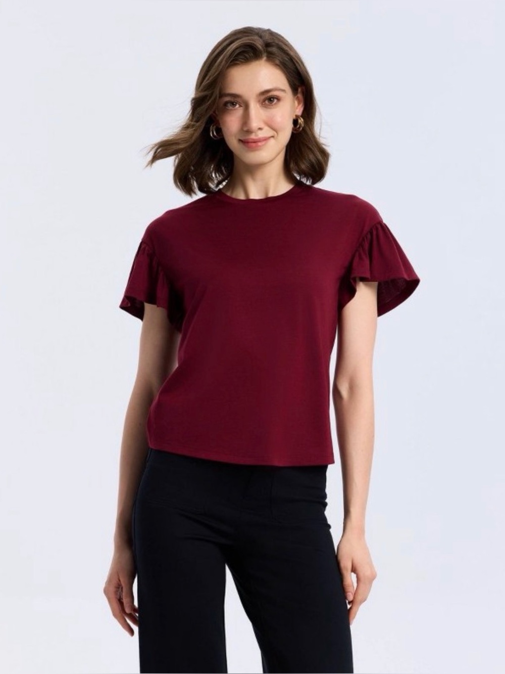 Women’s Ruffle Sleeve Tee in Burgundy